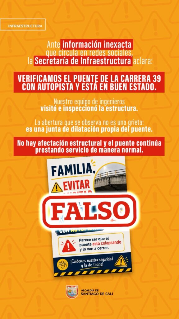 Puente de la Carrera 39 en Cali sin riesgo